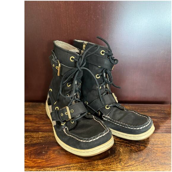 Sperry Top Sider Womens Black Leather Buckle Lace Up Biker Sneaker Boots SZ9 - Picture 2 of 8